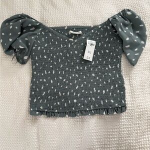 Abercrombie & Fitch Sage Green Smocked Top with White Spot Print